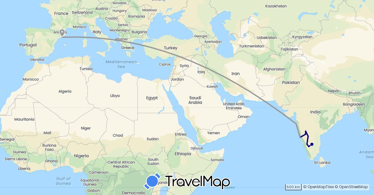 TravelMap itinerary: driving, plane in Spain, India (Asia, Europe)